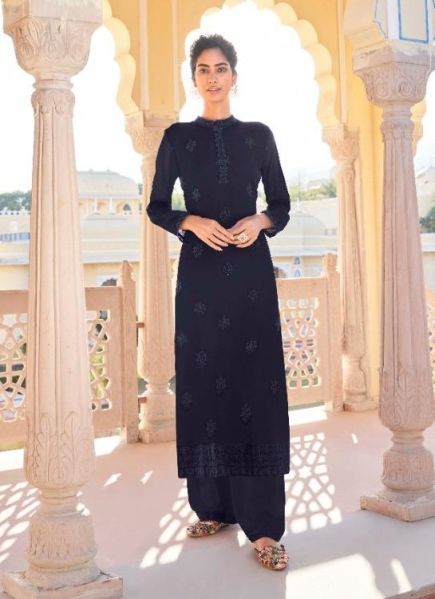 Navy Blue Georgette Embroidered Office-Wear Readymade Kurti With Pant