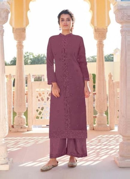 Wine Georgette Embroidered Office-Wear Readymade Kurti With Pant