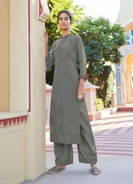 Gray Georgette Embroidered Office-Wear Readymade Kurti With Pant