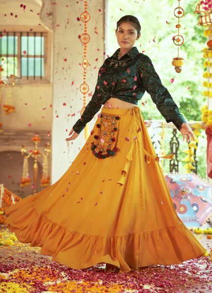 Orange & Dark Green Silk Embroidery & Printed Navratri Special Readymade Lehenga Choli
