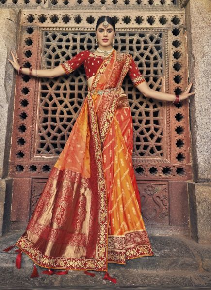 Orange Dola Silk Embroidered Wedding-Wear Saree