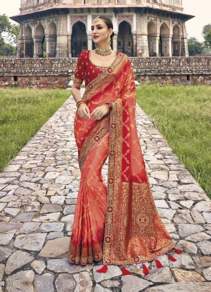Red Dola Silk Embroidered Wedding-Wear Saree