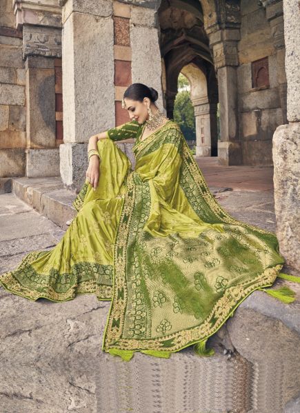 Olive Green Dola Silk Embroidered Wedding-Wear Saree