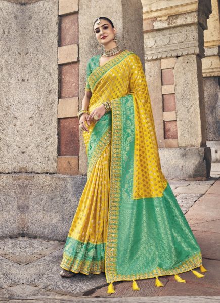 Yellow Dola Silk Embroidered Wedding-Wear Saree