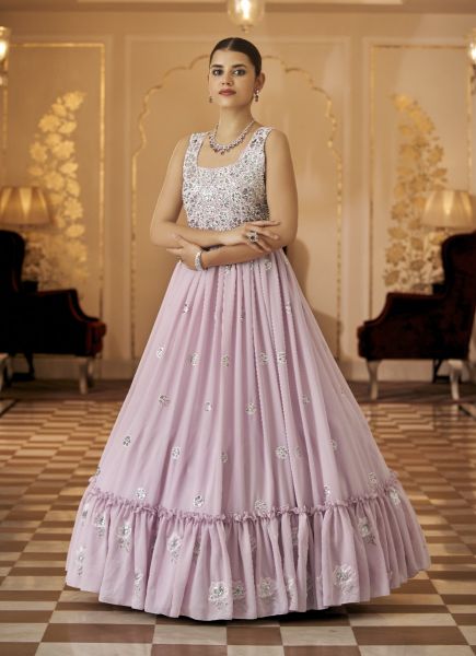 Lilac Georgette Sequins, Embroidery & Thread-Work Festive-Wear Floor-Length Gown