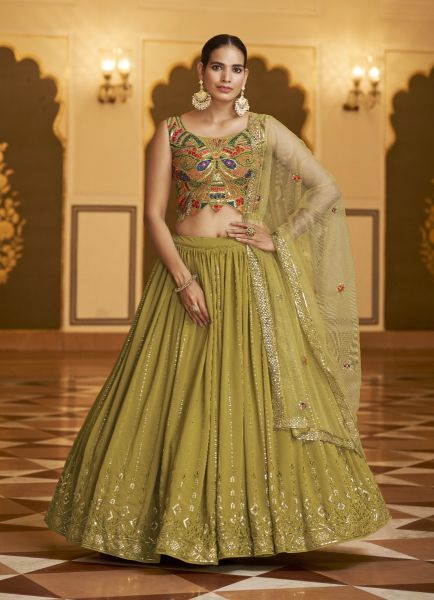 Olive Green Georgette Embroidery & Sequins-Work Party-Wear Stylish Lehenga Choli