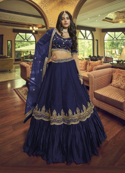 Dark Blue Lino Silk & Nylon Satin Handwork Wedding-Wear Readymade Stylish Lehenga Choli