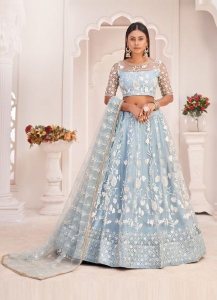 Light Sky Blue Net With Cotton Sequin, Embroidery & Thread-Work Party-Wear Stylish Lehenga Choli
