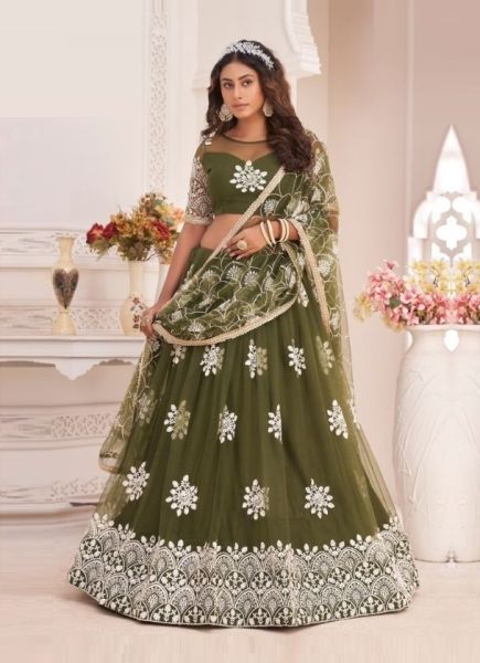 Dark Olive Green Net With Cotton Sequin, Embroidery & Thread-Work Party-Wear Stylish Lehenga Choli