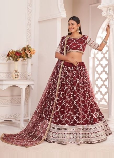Maroon Net With Cotton Sequin, Embroidery & Thread-Work Party-Wear Stylish Lehenga Choli