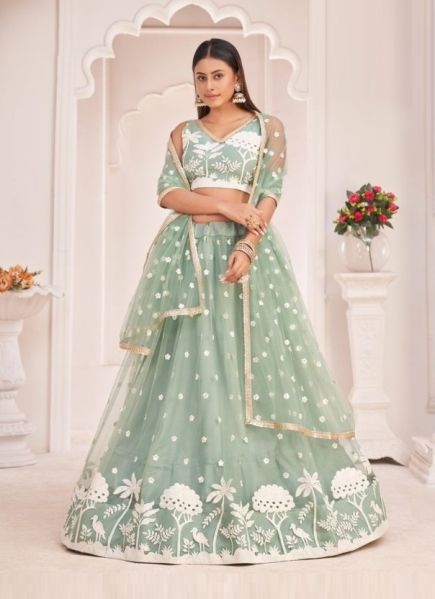 Mint Green Net With Cotton Sequin, Embroidery & Thread-Work Party-Wear Stylish Lehenga Choli