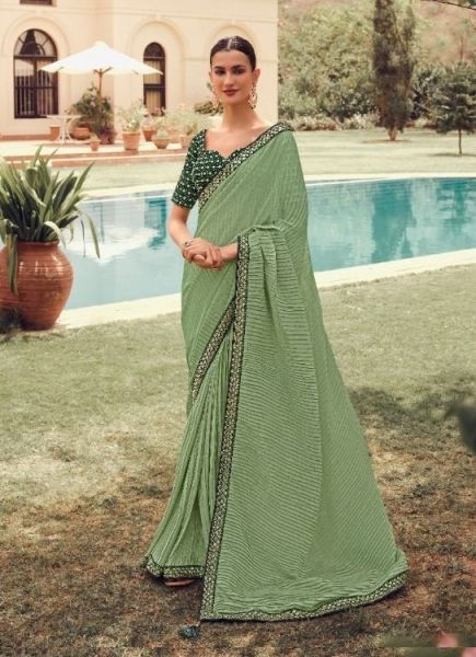 Light Green Crushed Silk Party-Wear Fashionable Saree