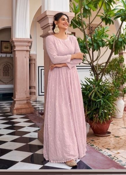 Light Pink Georgette Chinon Embroidery & Mirror-Work Party-Wear Readymade Floor-Length Gown