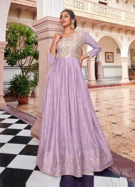 Lilac Georgette Chinon Embroidery & Mirror-Work Party-Wear Readymade Floor-Length Gown