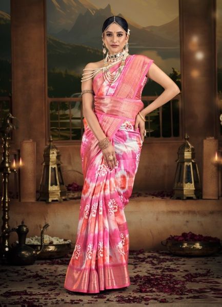 Pink & White Cotton Digitally Printed Vibrant Saree For Kitty Parties