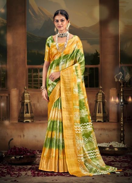 Yellow & Green Cotton Digitally Printed Vibrant Saree For Kitty Parties