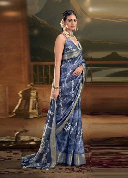 Blue Cotton Digitally Printed Vibrant Saree For Kitty Parties