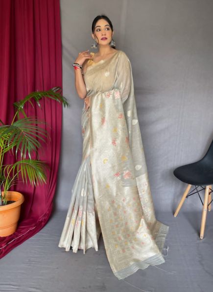 Light Gray Linen Silk Weaving Festive-Wear Handloom Saree