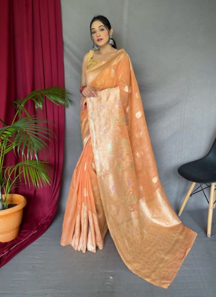 Cantaloupe Orange Linen Silk Weaving Festive-Wear Handloom Saree