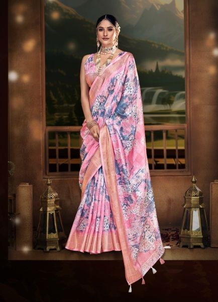 Light Pink & Steel Blue Cotton Digitally Printed Vibrant Saree For Kitty Parties