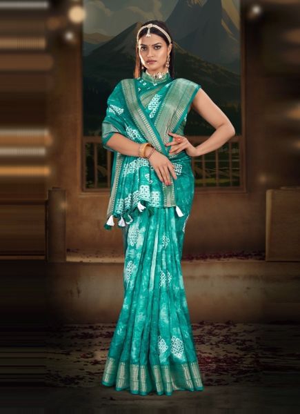 Teal Blue Cotton Digitally Printed Vibrant Saree For Kitty Parties