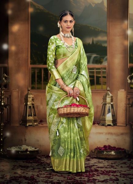 Parrot Green Cotton Digitally Printed Vibrant Saree For Kitty Parties