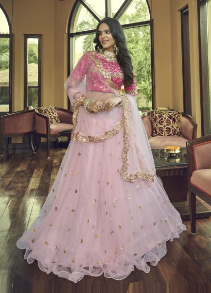 Light Pink Net Sequins, Embroidery & Thread-Work Party-Wear Stylish Lehenga Choli
