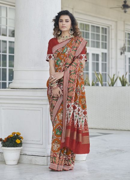Orange & Drak Red Patola Silk Weaving Festive-Wear Saree
