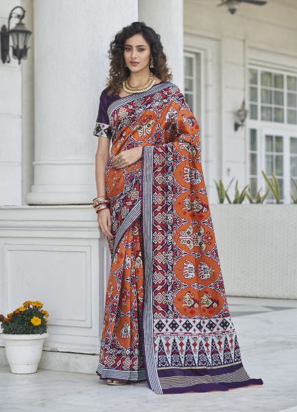 Orange & Blue Patola Silk Weaving Festive-Wear Saree