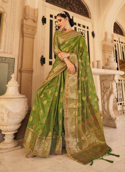 Olive Green Organza Silk Weaving Festive-Wear Saree