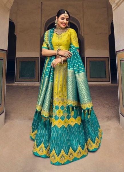 Lime Yellow & Teal Blue Silk Handwork Wedding-Wear Bridal Lehenga Choli