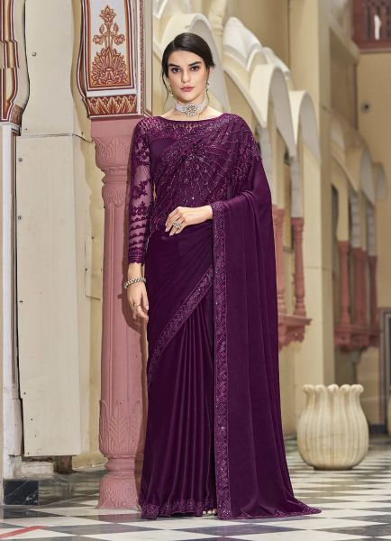 Purple Silk Embroidered Party-Wear Boutique Saree