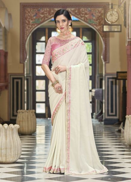 White Silk Embroidered Party-Wear Boutique Saree