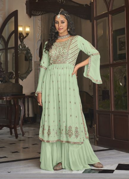 Mint Green Georgette Embroidered Party-Wear Sharara-Bottom Readymade Salwar Kameez