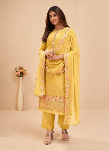 Yellow Georgette Thread-Work Party-Wear Sequins-Work Salwar Kameez