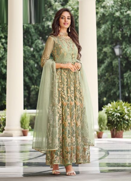 Sage Green Net With Sequins Embroidery Work Party-Wear Trending Salwar Kameez