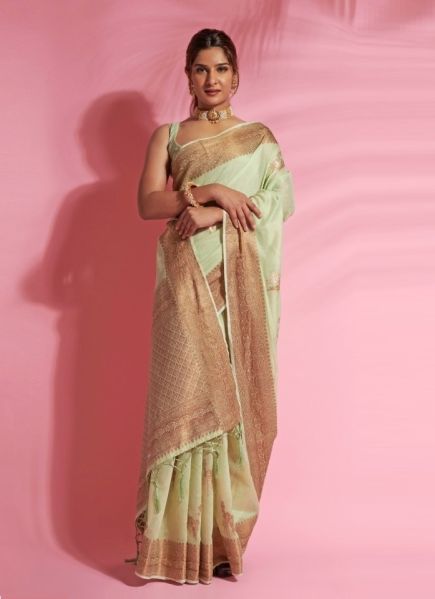 Light Green Cotton Silk Weaving Festive-Wear Saree