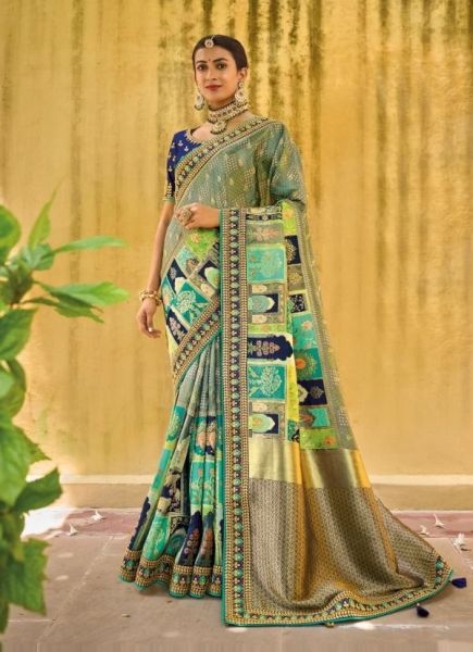 Sage Green Viscose Handwork Wedding-Wear Silk Embroidery Saree