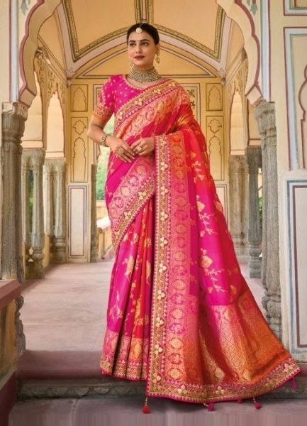Deep Pink Viscose Handwork Wedding-Wear Silk Embroidery Saree