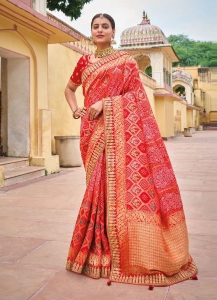 Red Viscose Handwork Wedding-Wear Silk Embroidery Saree