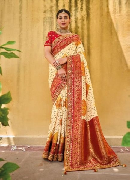 Cream Viscose Handwork Wedding-Wear Silk Embroidery Saree