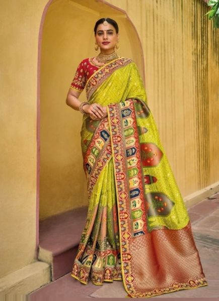 Parrot Green Viscose Handwork Wedding-Wear Silk Embroidery Saree