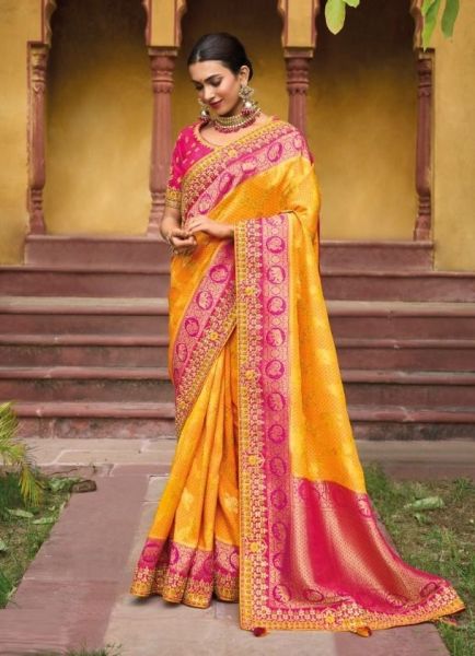 Orange Viscose Handwork Wedding-Wear Silk Embroidery Saree
