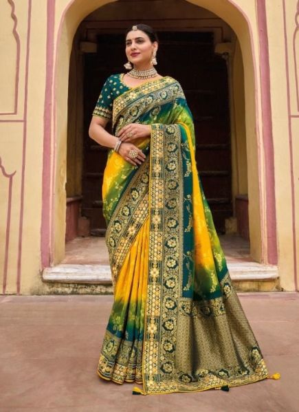 Yellow Viscose Handwork Wedding-Wear Silk Embroidery Saree