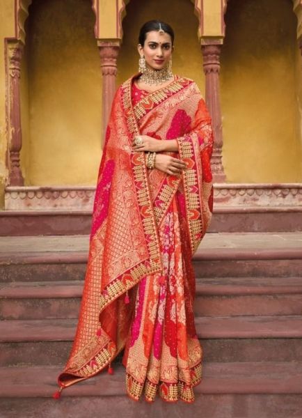 Red & Magenta Viscose Handwork Wedding-Wear Silk Embroidery Saree
