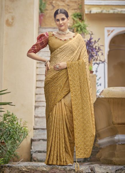 Light Mustard Yellow Chinon Thread Embroidery Work Party-Wear Sequins-Work Saree