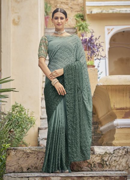 Sage Blue Chinon Thread Embroidery Work Party-Wear Sequins-Work Saree