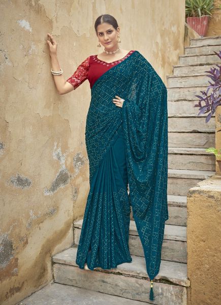Sea Blue Chinon Thread Embroidery Work Party-Wear Sequins-Work Saree