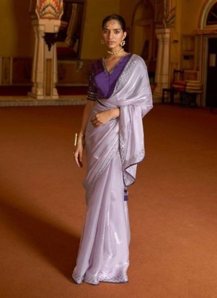 Light Lilac Organza With Embroidery & Handwork Party-Wear Boutique Saree