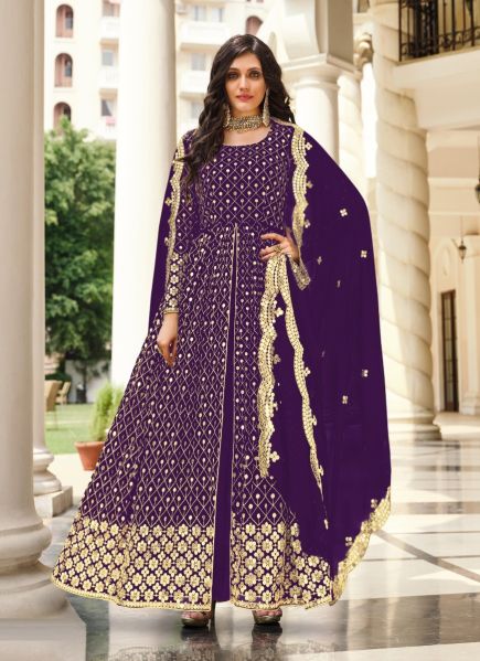 Dark Violet Georgette Sequins & Embroidery Work Festive-Wear Front-Slit Salwar Kameez